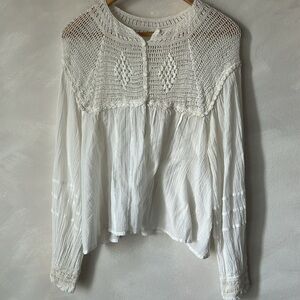 Free People White Mesh Net Open Top Long Sleeve Peasant Top size XS